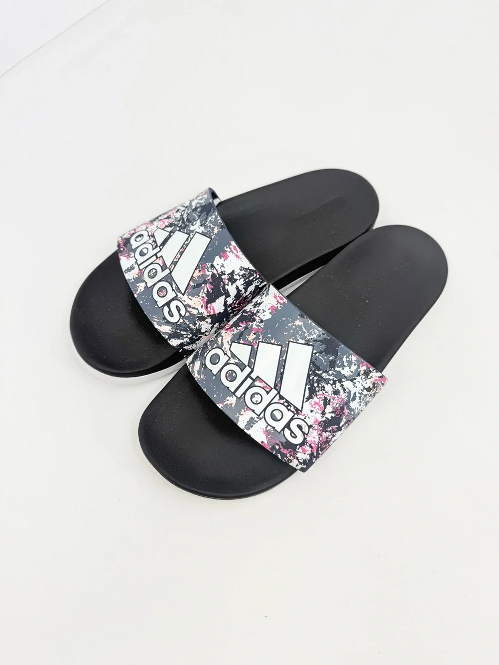 Adidas Adilette Black White Abstract Graphic Logo Top Comfort Slide Sandals
